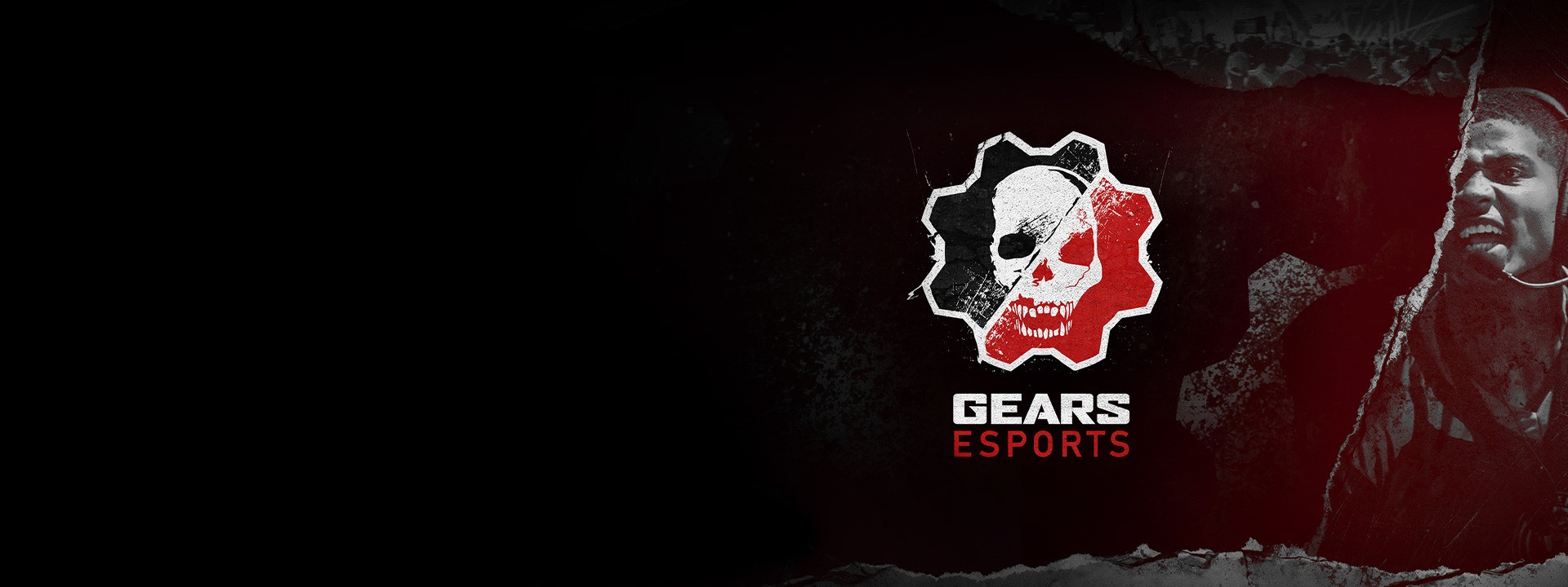 Black, red and white skull cog logo, Gears Esports over a faded background of red, black, and grey textures.