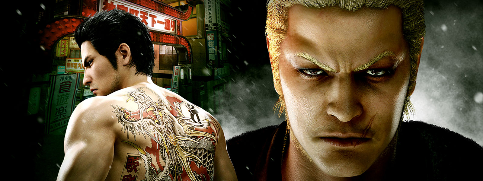 Duas personagens de Yakuza num cenário urbano noturno.