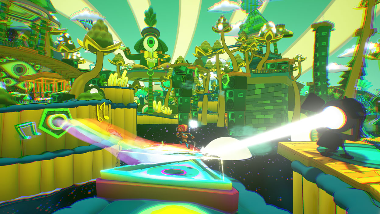 Raz stands on a rainbow path among a psychedelic landscape full of watchful eyes.