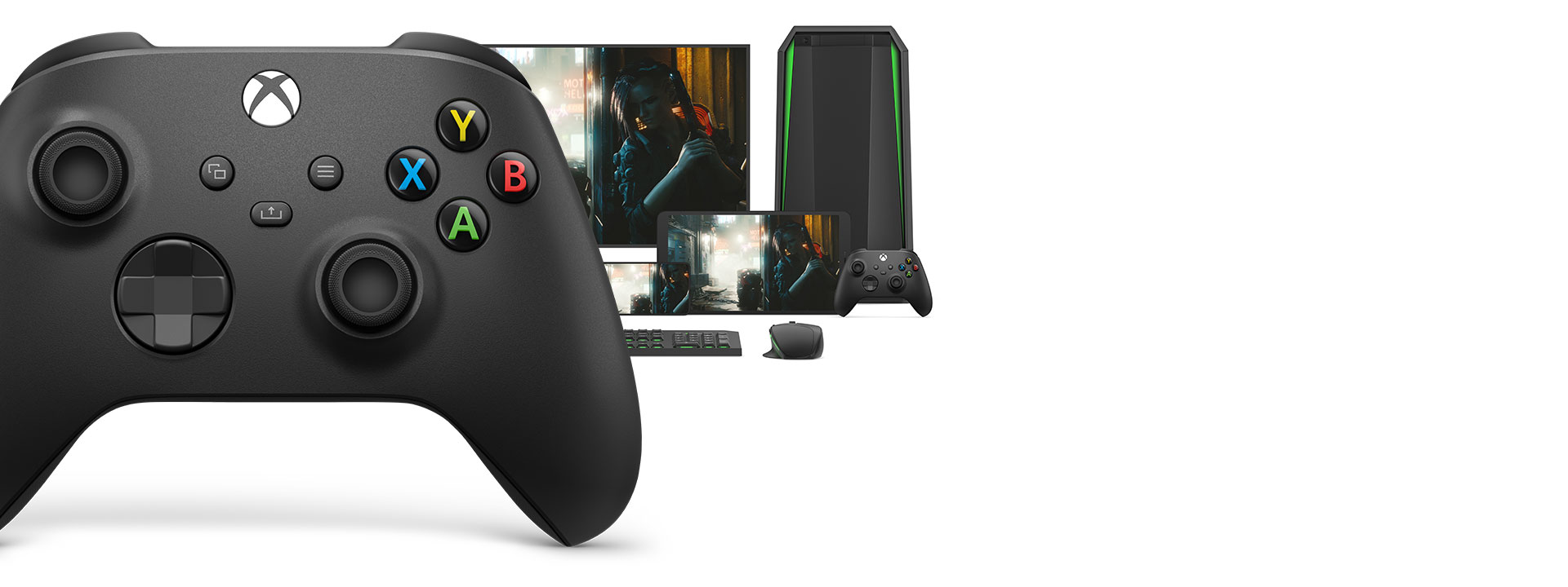 Xbox trådlös handkontroll framför en dator, bildskärm, surfplatta, xbox trådlös handkontroll och en mus och ett tangentbord