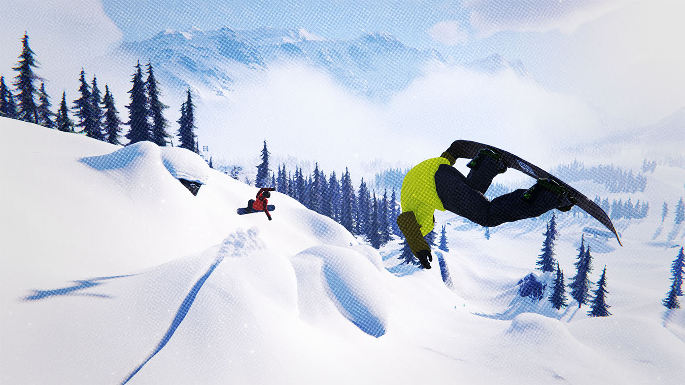 two snowboarders, one upside down, jumping off natural features