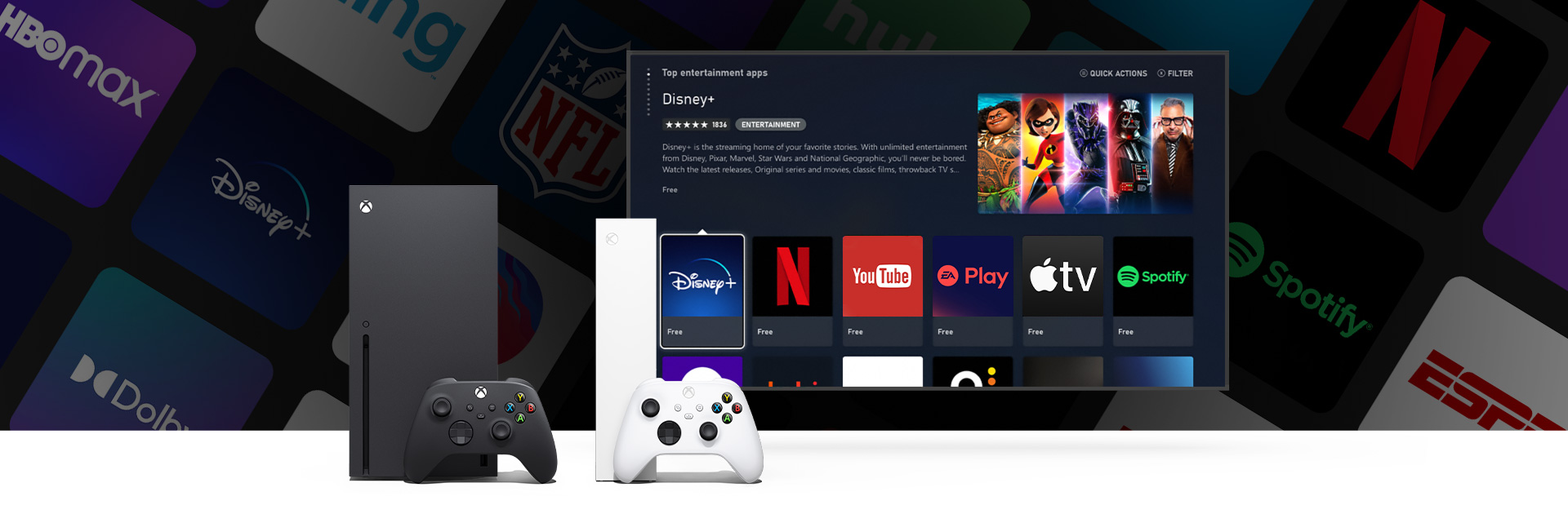 Kullanılabilen birden fazla uygulamanın kullanıcı arabirimini gösteren bir televizyon ekranının önünde oyun kumandalarıyla bir Xbox Series X ve Series S.