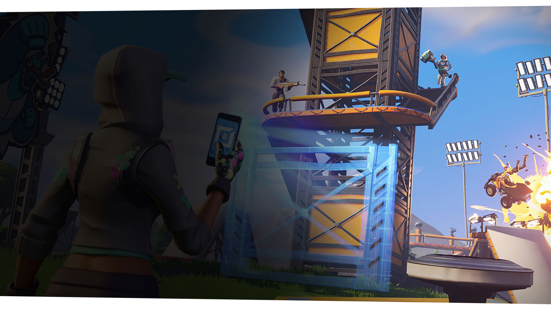 Fortnite character using her mobile device to create scaffolding