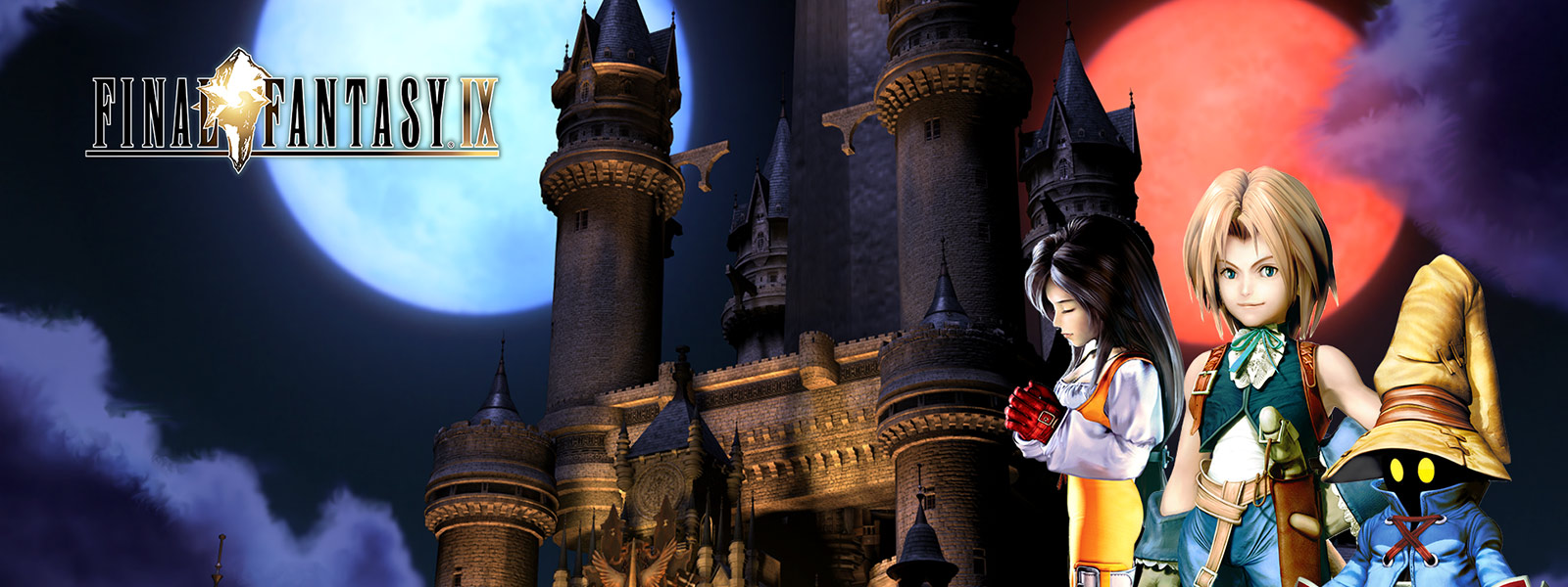 最终幻想 IX 的角色 Garnet Til Alexandros XVII、Zidane Tribal 和 Vivi Orunitia 站在城堡前