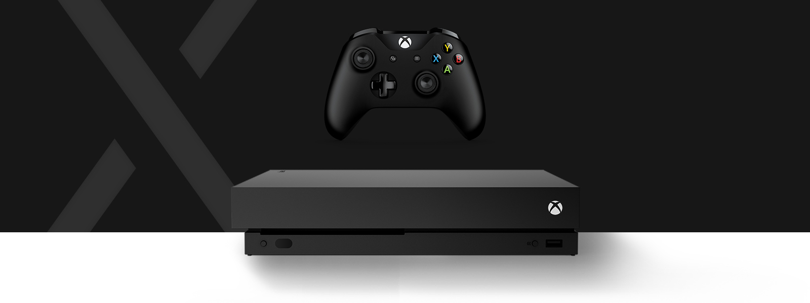 Front view of the Xbox One S All-digital edition console in front of a large stylized letter S