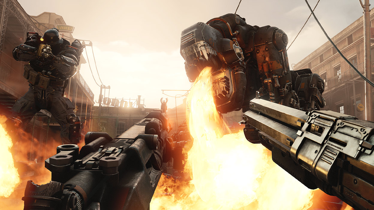 Ρομπότ Panzerhund που εξαπολύει φλόγες εναντίον του παίκτη σε προβολή πρώτου προσώπου