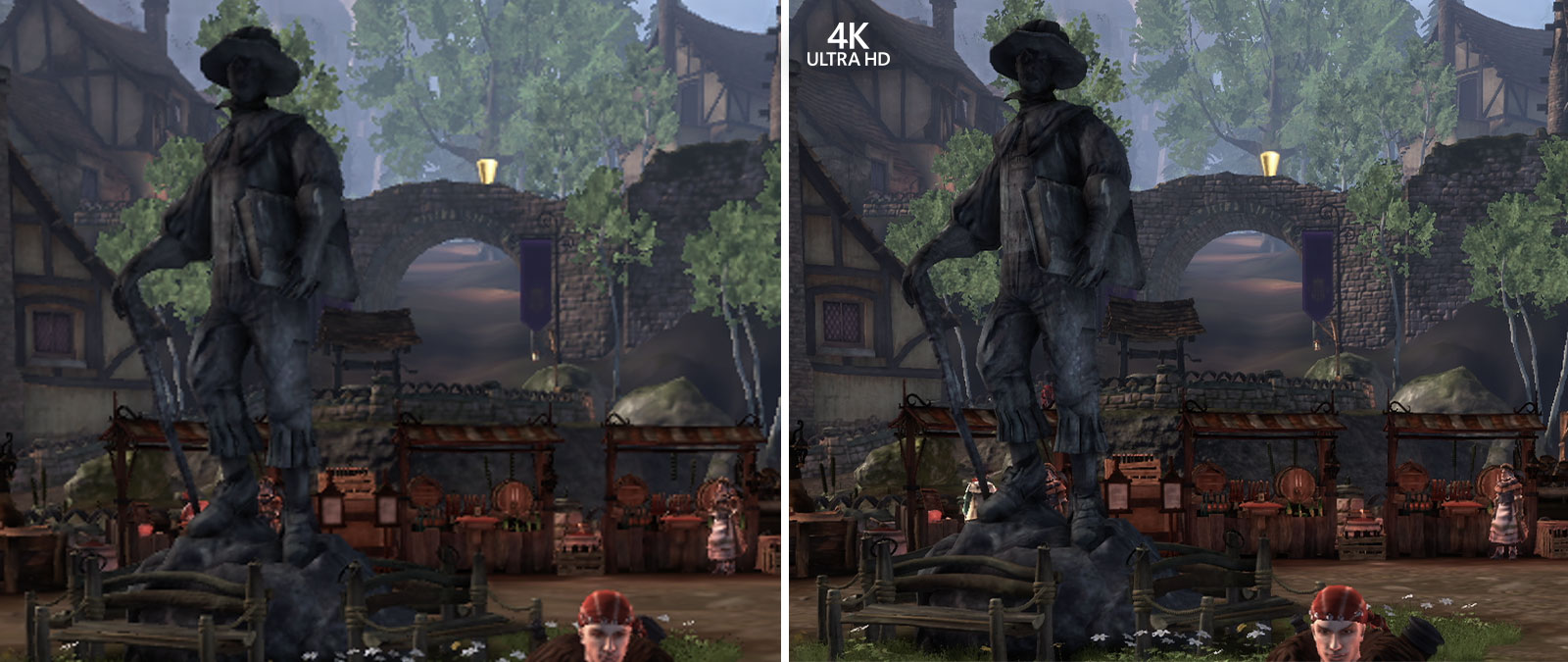4K Ultra HD, összehasonlító képernyőképek a Fable Anniversary játékból, kinagyítva a háttér részletességének megtekintése érdekében