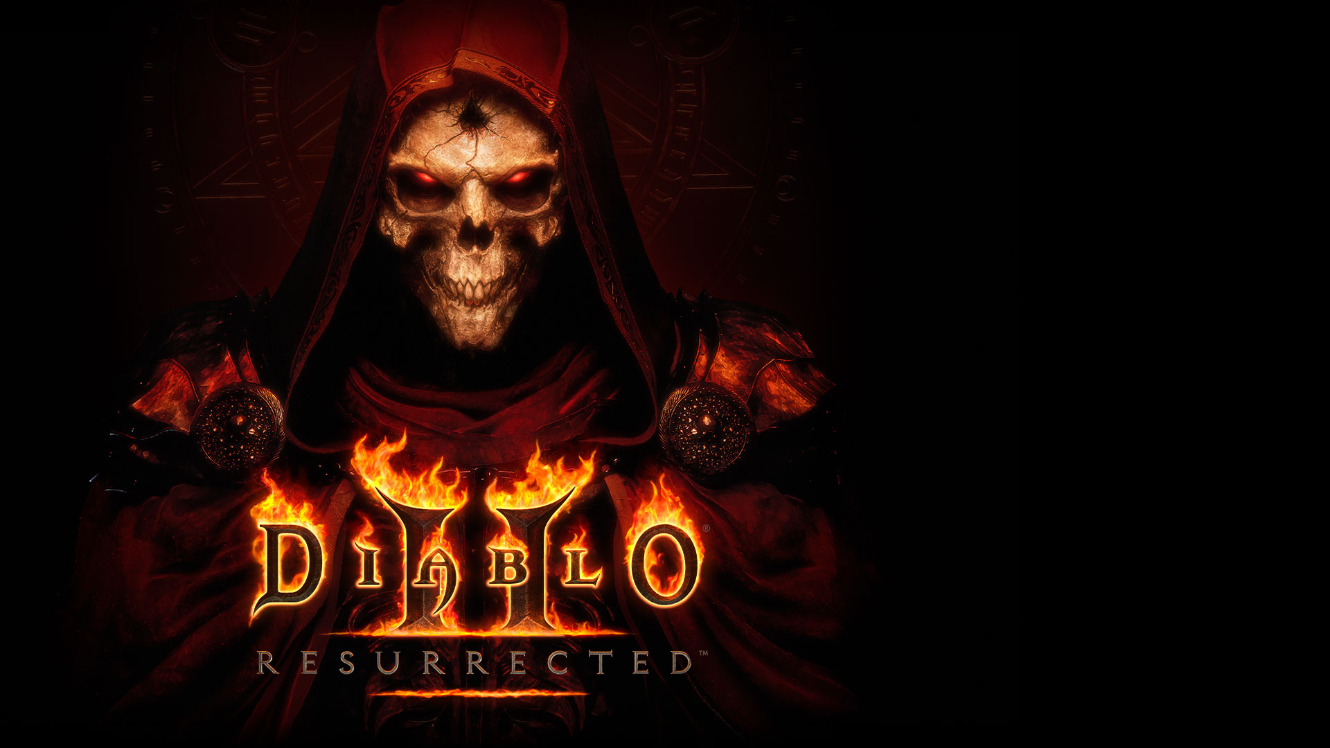 The Diablo 2: Resurrected logo over a skeleton with glowing red eyes and a dark red cape.