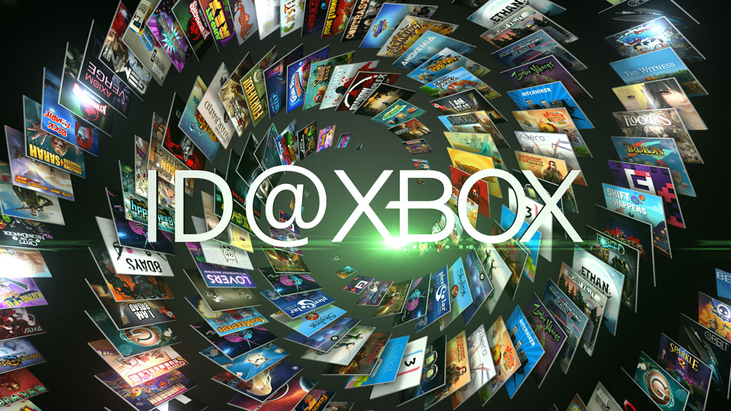Логотип ID@Xbox на фоне переплетенных спиралей игровых плакатов