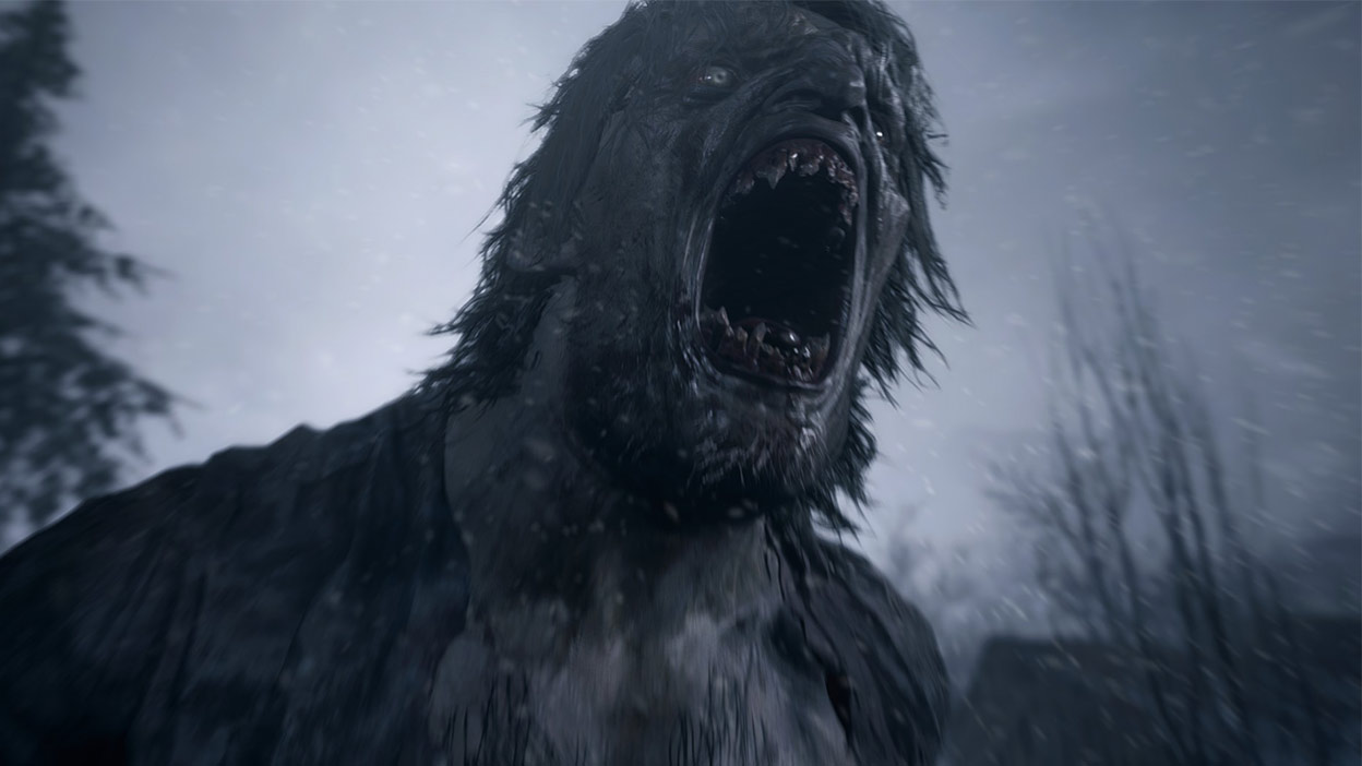 A werewolf screams outside during snowfall