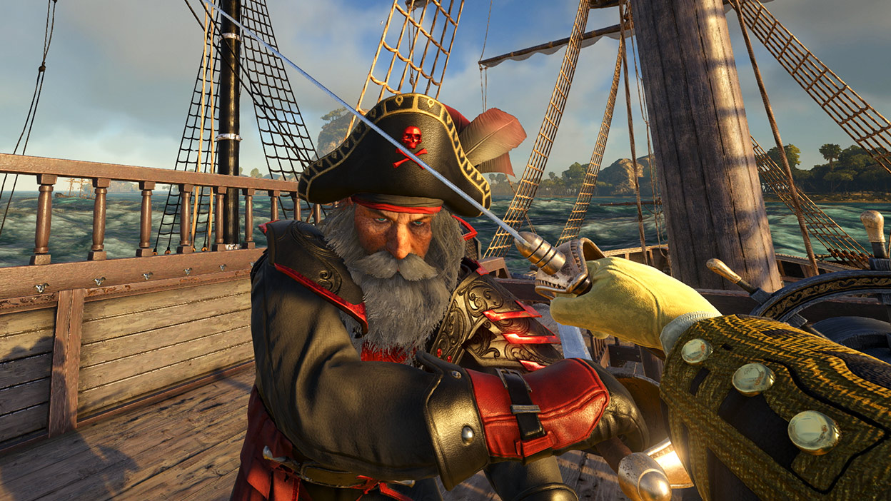 Visão em primeira pessoa de um personagem lutando com um pirata com uma espada no deque de um navio na água