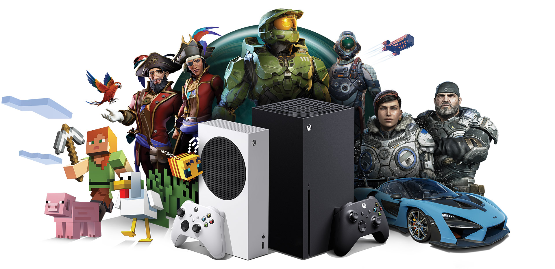 Xbox All Access, Xbox Series X and Xbox Series S with Xbox game characters 