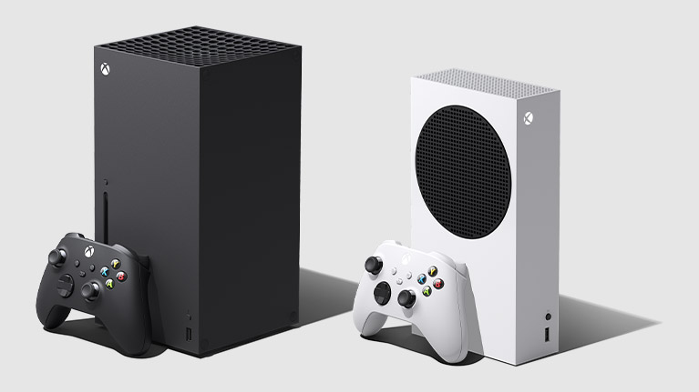 Xbox Series X and S consoles on a grey and white background