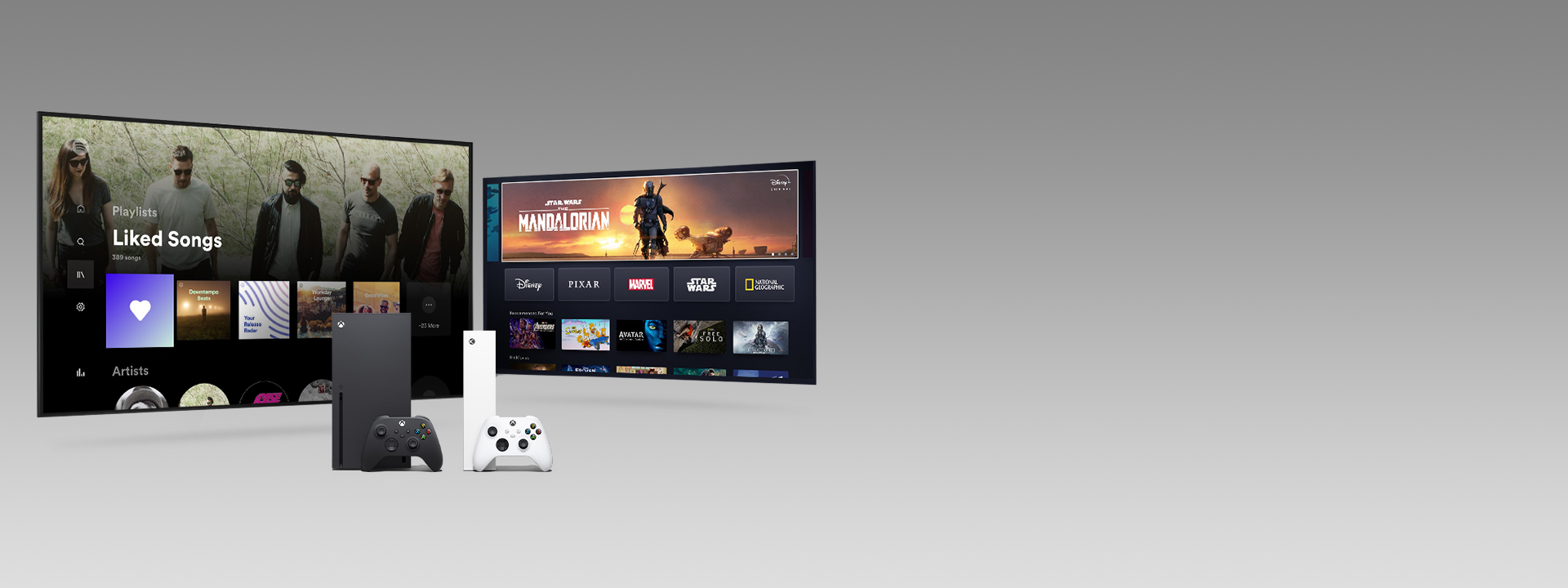 An Xbox Series X and Series S with controllers in front of two television screens featuring app user interfaces.