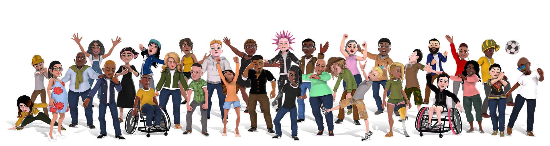 Farklı kıyafetler giymiş şekilde, çeşitliliğe sahip bir grup insanı gösteren Xbox avatarları