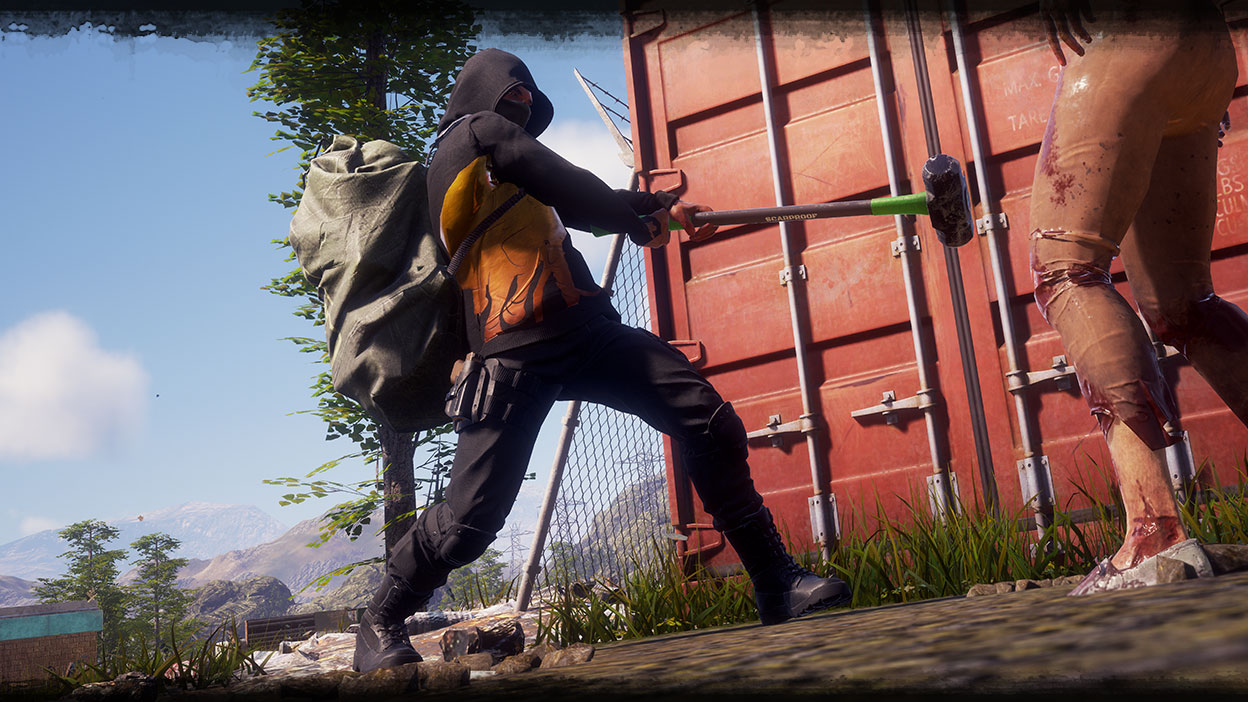 Character from State of Decay 2 swinging a sledgehammer with a zombie in front