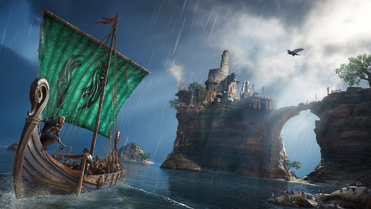 Navio Viking a dirigir-se para a costa de Assassin's Creed Valhalla