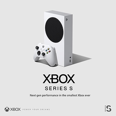 Xbox Series S 与控制器，标语是“具备次世代性能的史上最小 Xbox”