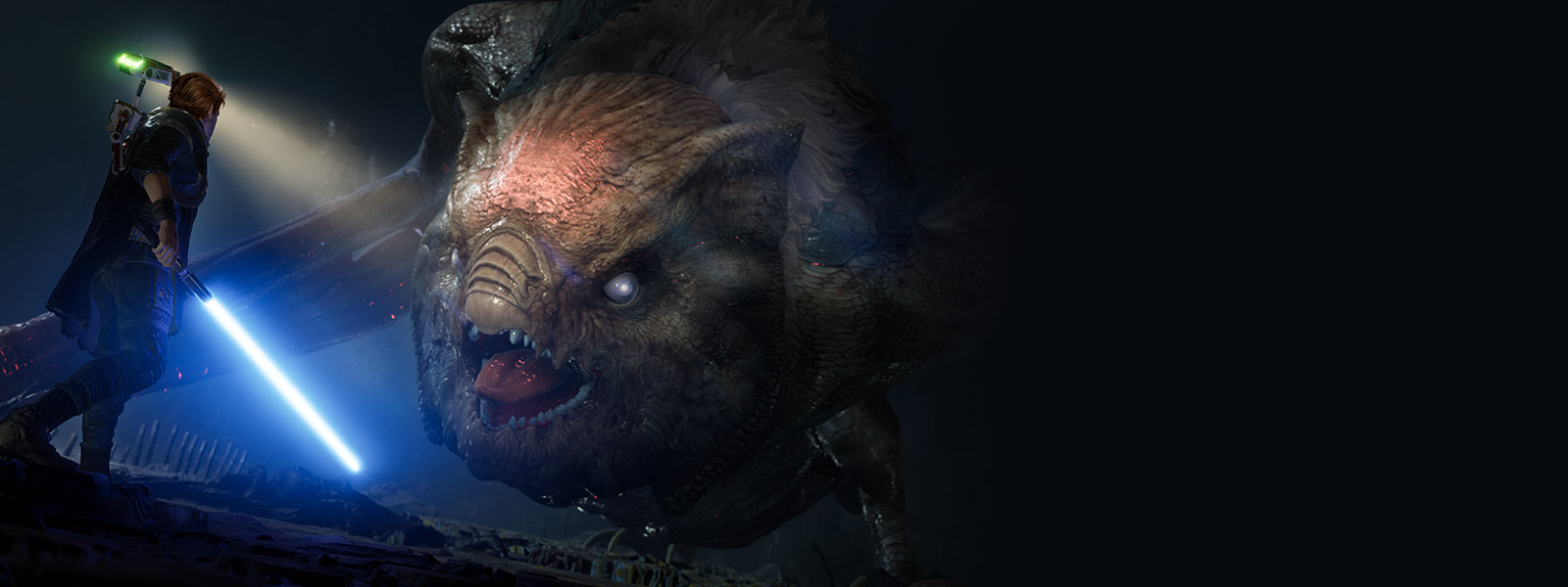 Cal Kestis fait face à un grand monstre en forme de chauve-souris appelé Gorgara dans une grotte