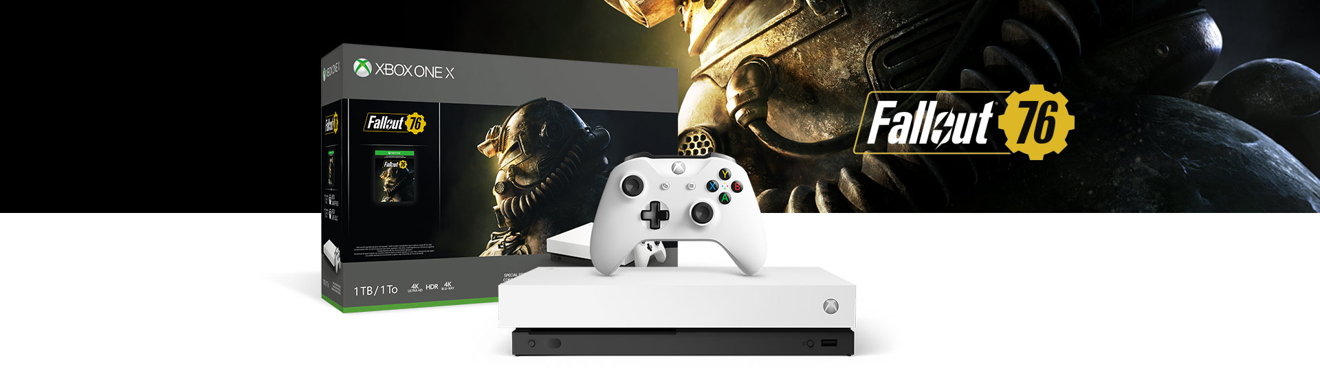 Κονσόλα Xbox One X και χειριστήριο δίπλα σε κουτί προϊόντος Xbox One X Fallout 76 Special Edition 1TB
