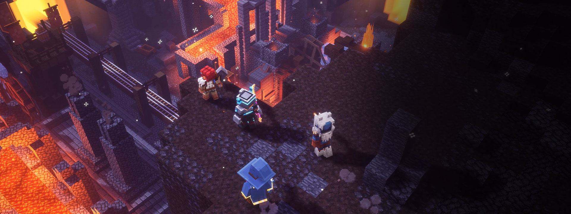 Een groep personages die op de rand van de dungeon staan om er dieper in te turen.