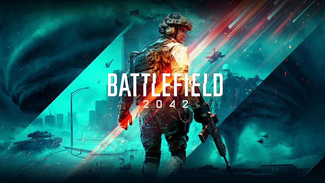 Battlefield 2042, Ein Soldat blickt zurück über seine Schulter mit einer Collage von verschiedenen Kriegsumgebungen im Hintergrund.