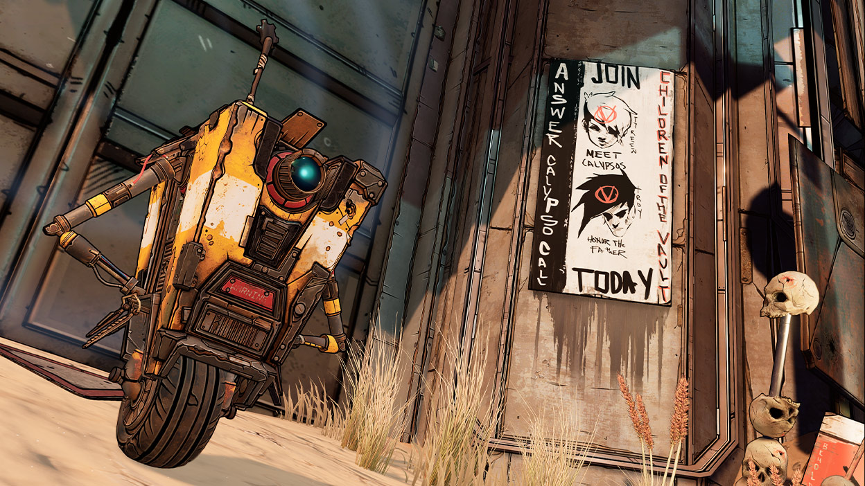 Claptrap stands in front of a large door next to a sign on a wall