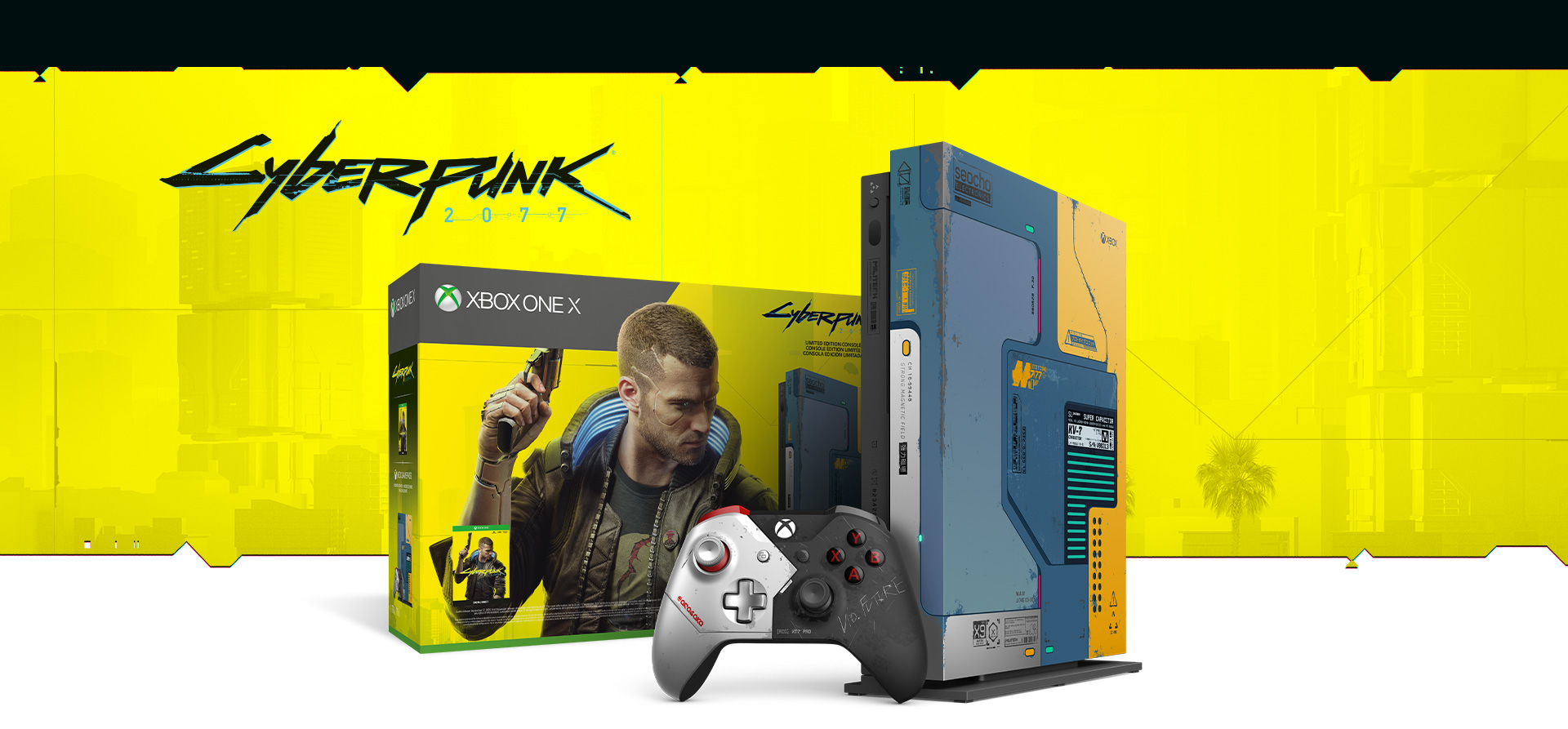 Xbox One X console in front of a hardware bundle box featuring Cyberpunk 2077 art