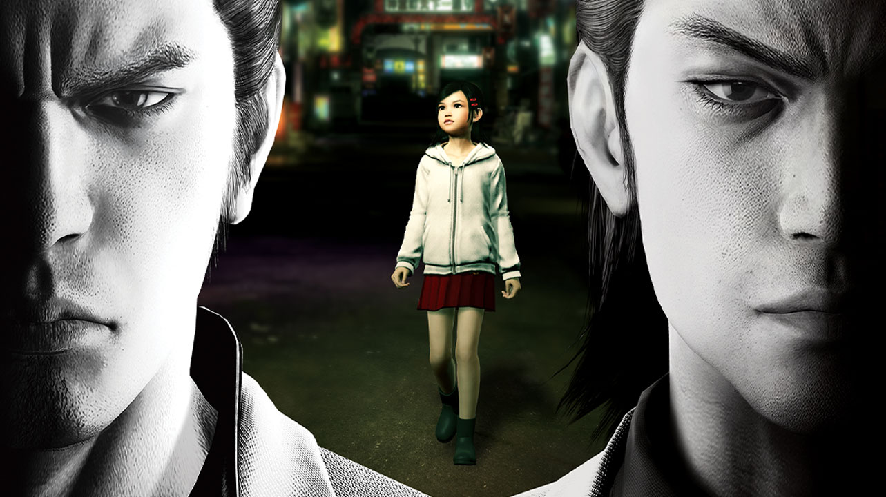 야쿠자 캐릭터 2명은 어렴풋이 앞을 쳐다보며, 어린 소녀는 그들 뒤 도시에 서 있습니다.