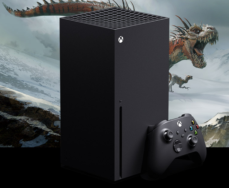 Consola Xbox Series X en vertical y mando
