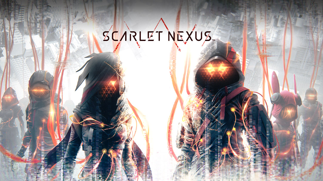 Scarlet Nexus, personagens escuros com olhos brilhantes presos a tubos e fios