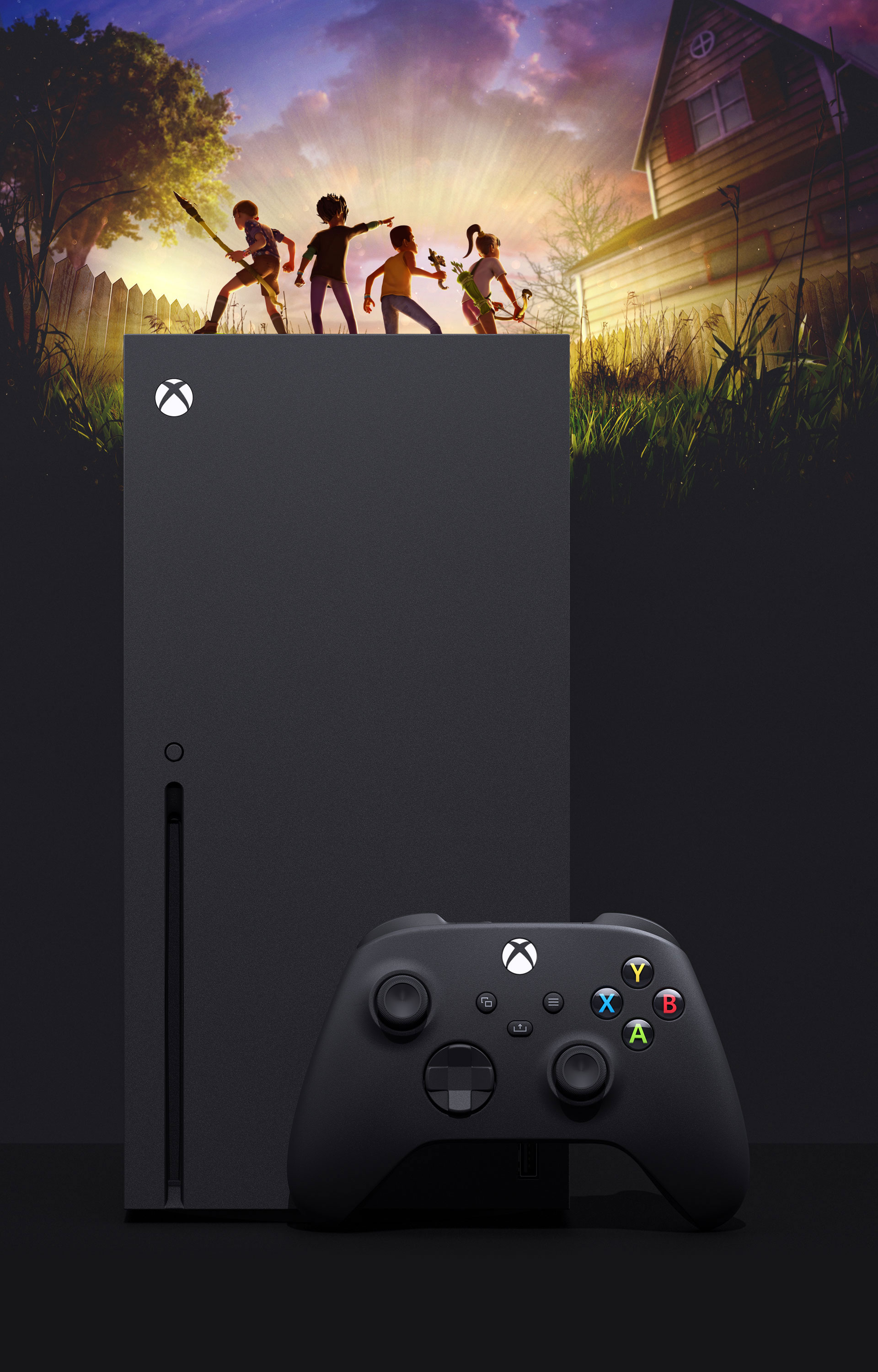 Xbox Series X с персонажами из игры Grounded на заднем фоне