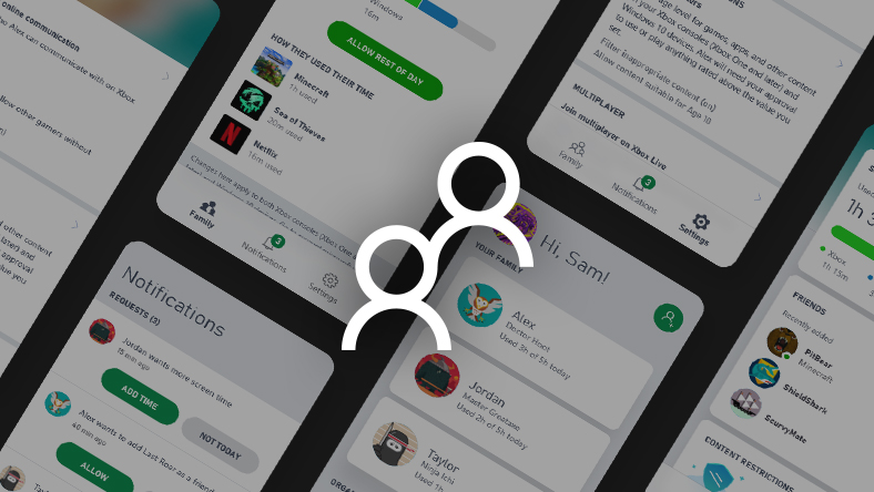 Xbox Family Settings 应用用户界面的图像拼贴，上面印着两个人物轮廓