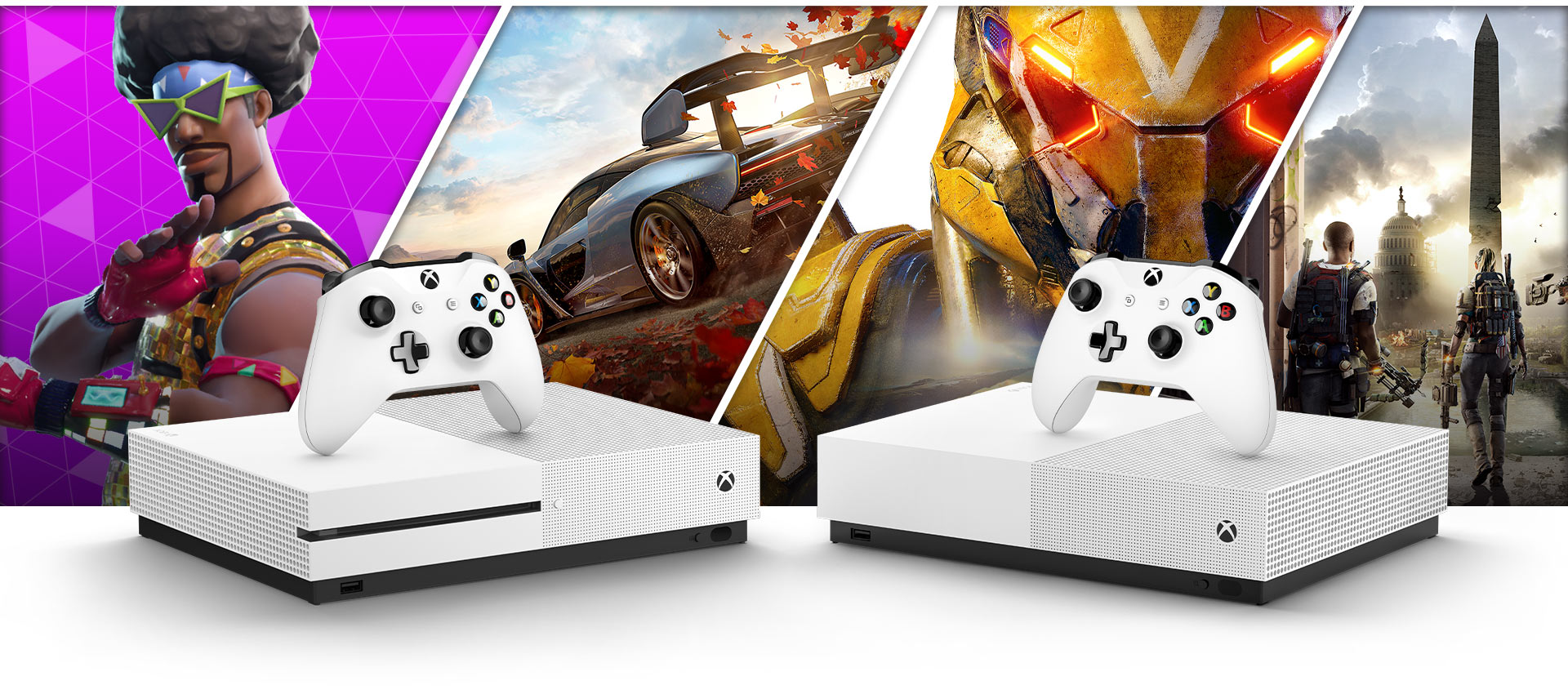 Fortnite, Forza Horizon 4, Fallout 76 and Shadow of the Tomb Raider graphics behind an Xbox One S and Xbox One S All Digital Edition