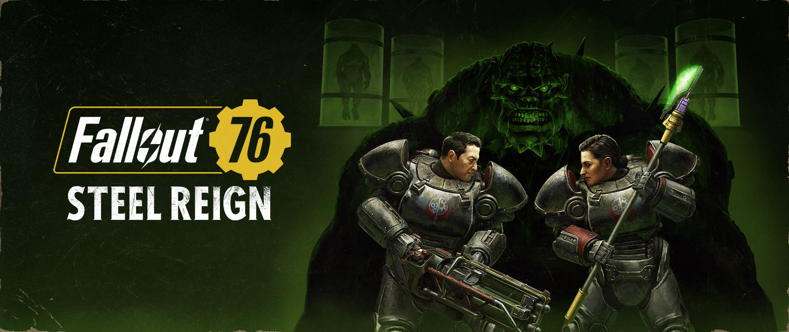 Fallout 76, Steel Reign, Dos personajes con trajes mecánicos se enfrentan con un gran monstruo de fondo.