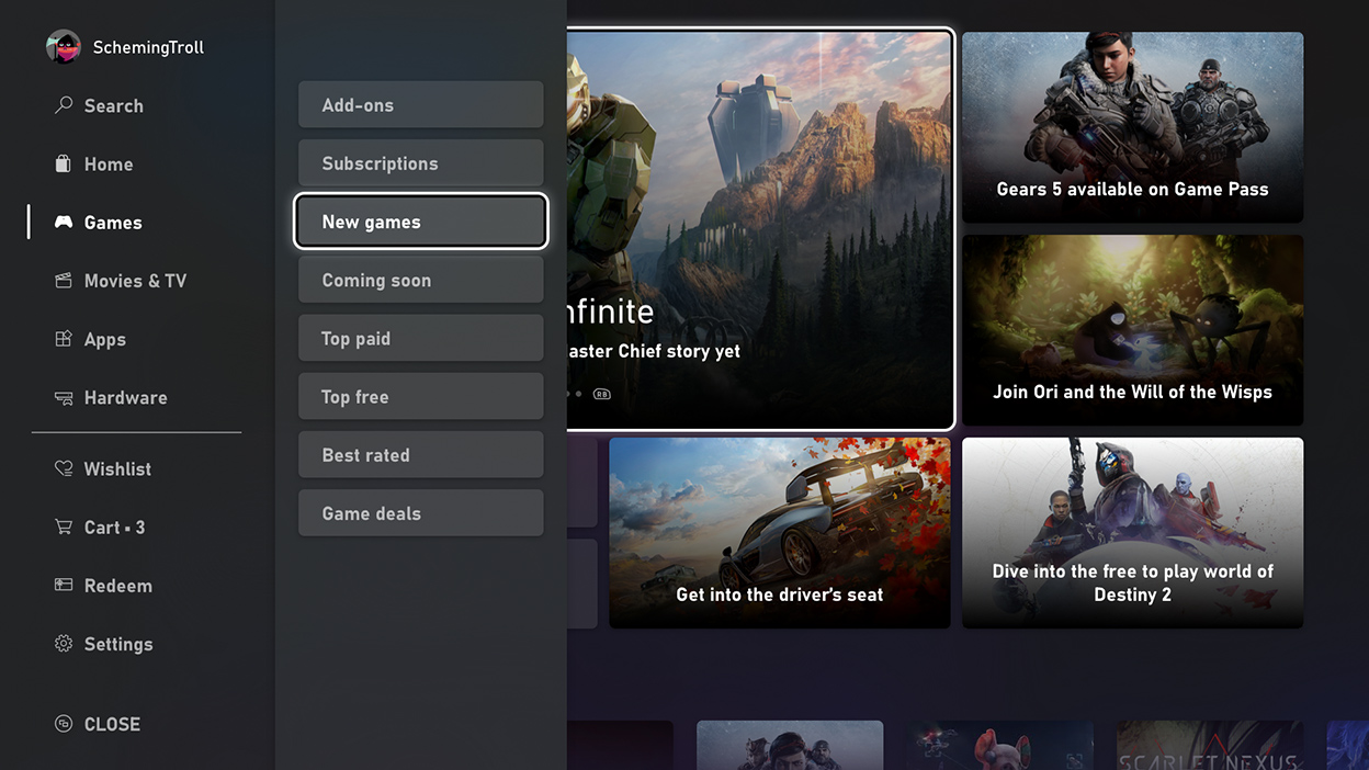 Capture d’écran de l’interface utilisateur du Microsoft Store avec les « nouveaux jeux » en surbrillance.