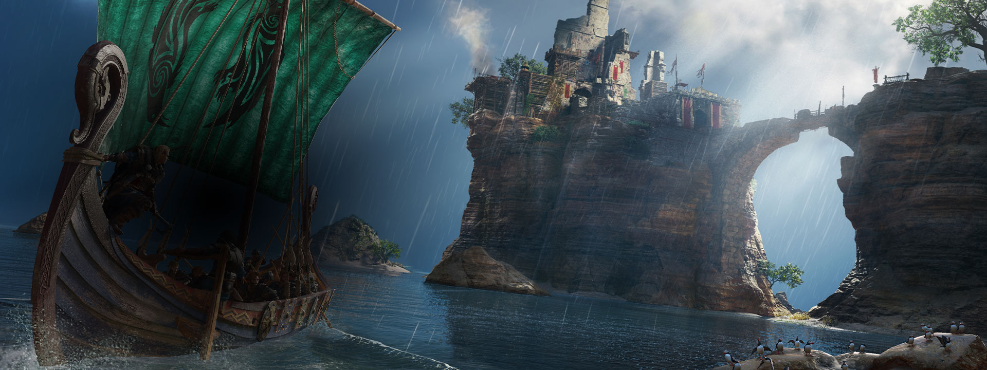 A ship sailing away from a castle from Assassin’s Creed Valhalla