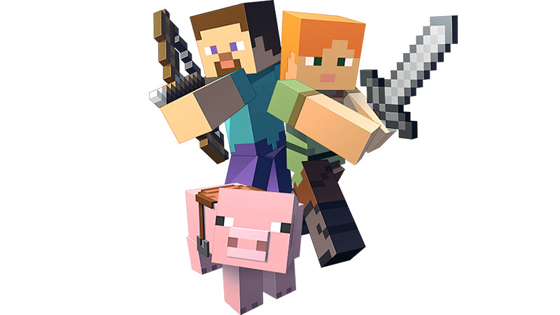 En gris och två Minecraft-spelare som håller i en pilbåge och ett svärd
