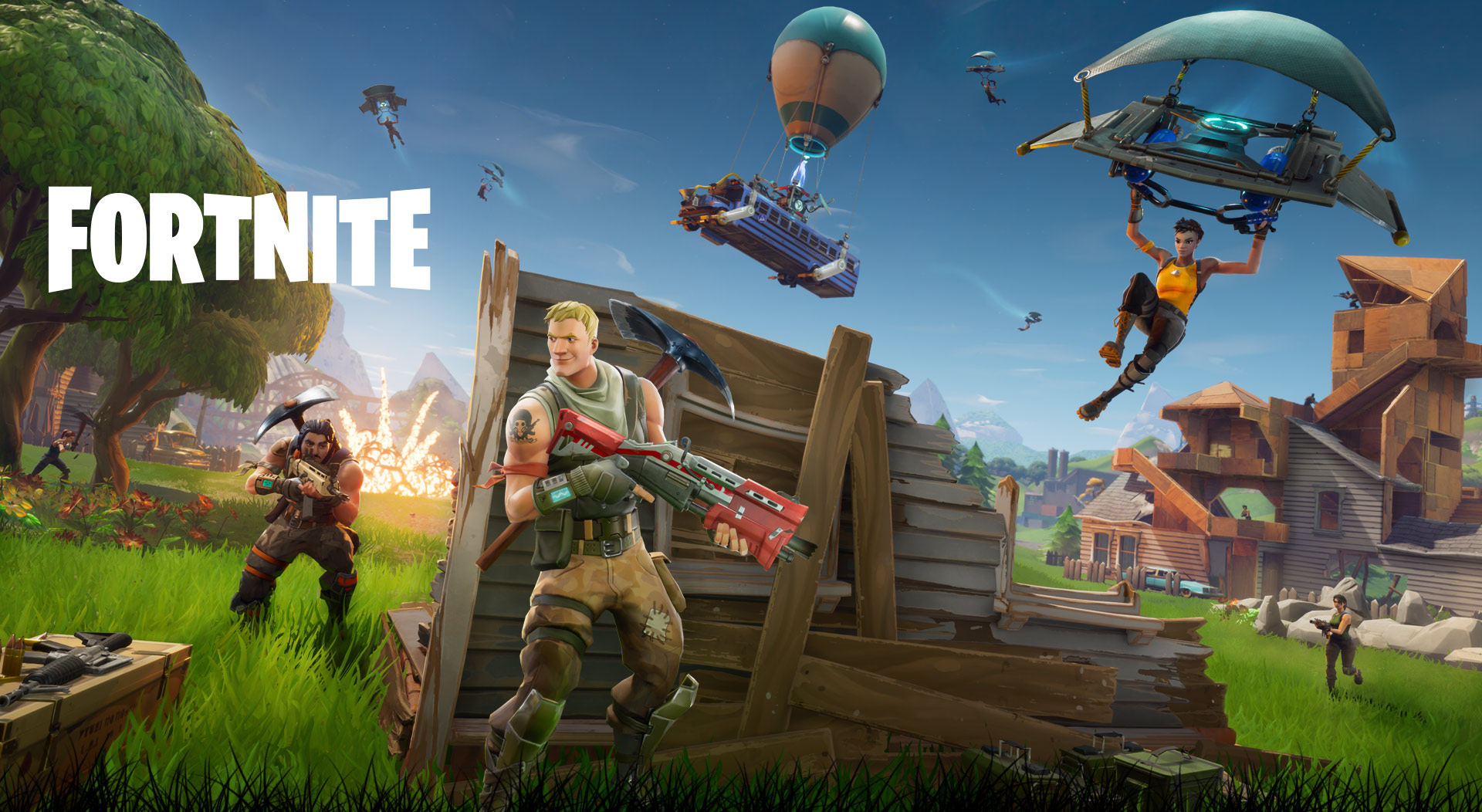 Fortnite For Xbox One Xbox - fortn!   ite character hiding being a partially destroyed wall as other players land after jumping from