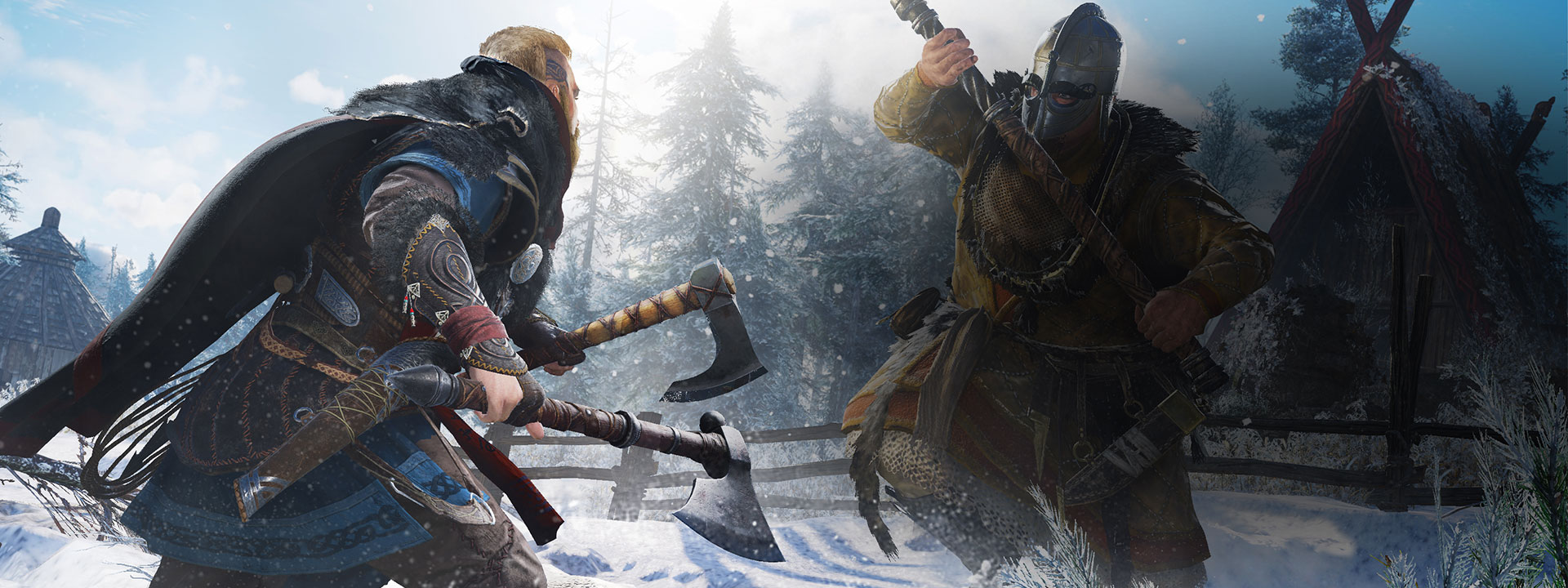 Two characters from Assassin’s Creed Valhalla fighting in the snow