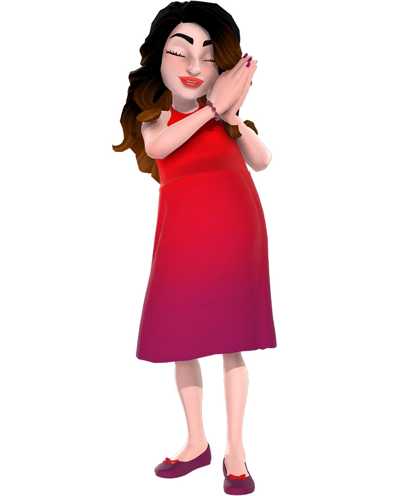 Xbox avatar of a pregnant woman clasping her hands together near her face