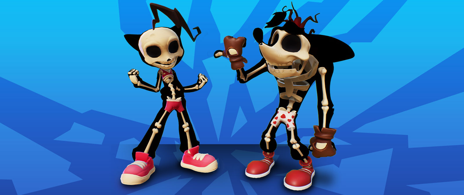 Crash og Cocos skeletter med undertøj på.