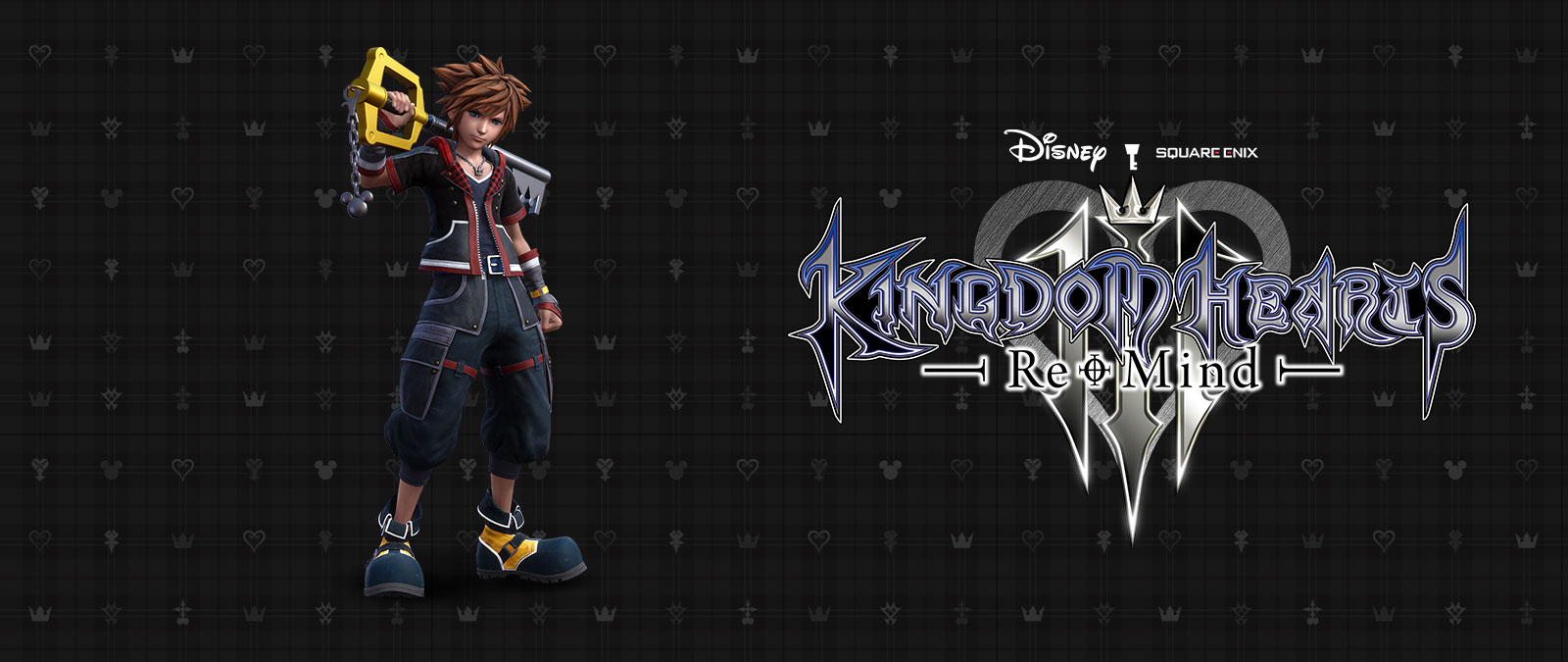 Disney Kingdom Hearts 3, Re-Mind, Sora stands against a black patterned background with the Keyblade rested on his shoulder. 
