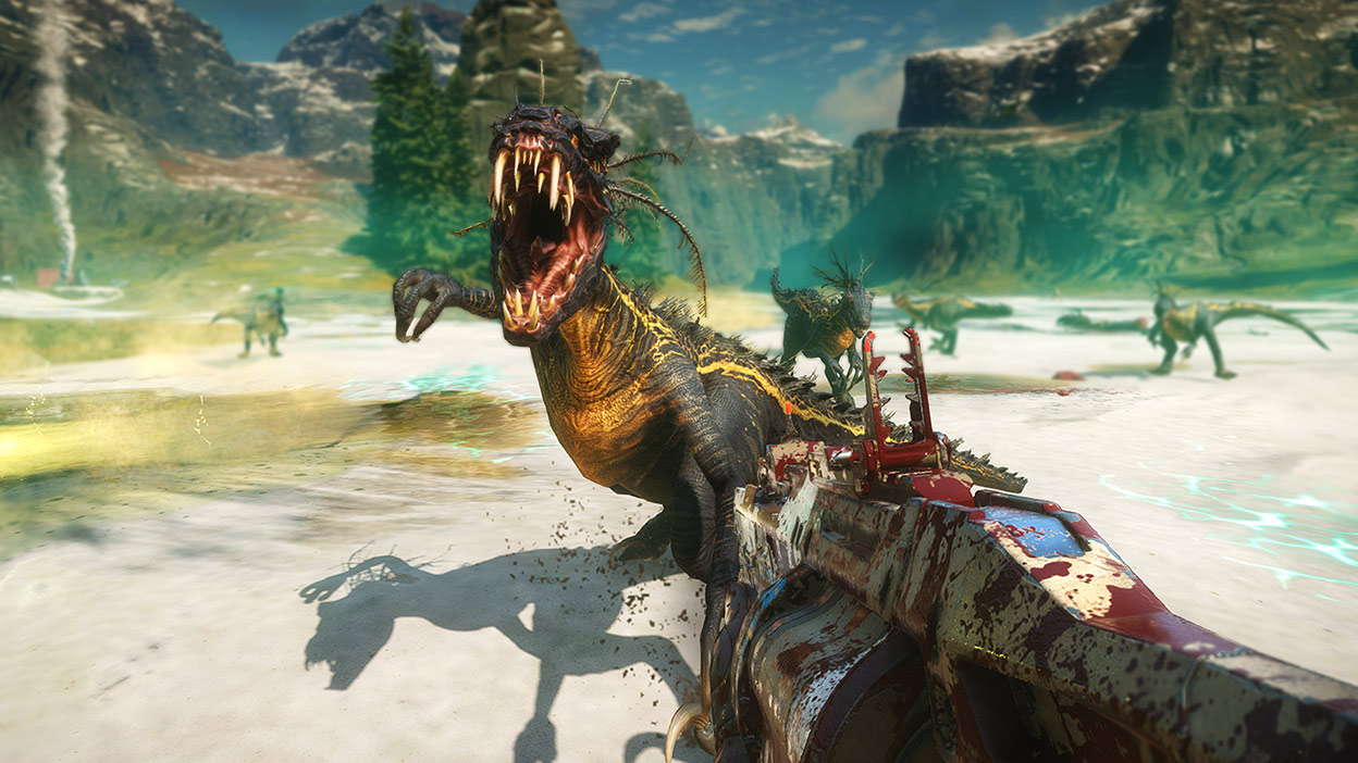 Un dinosaure mutant met son bras vers l’arrière pour attaquer.