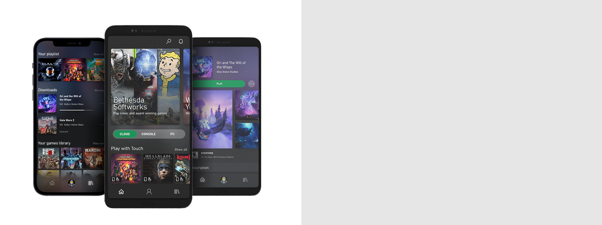 Xbox Game Pass 모바일 앱의 UI를 표시하는 3대의 전화기