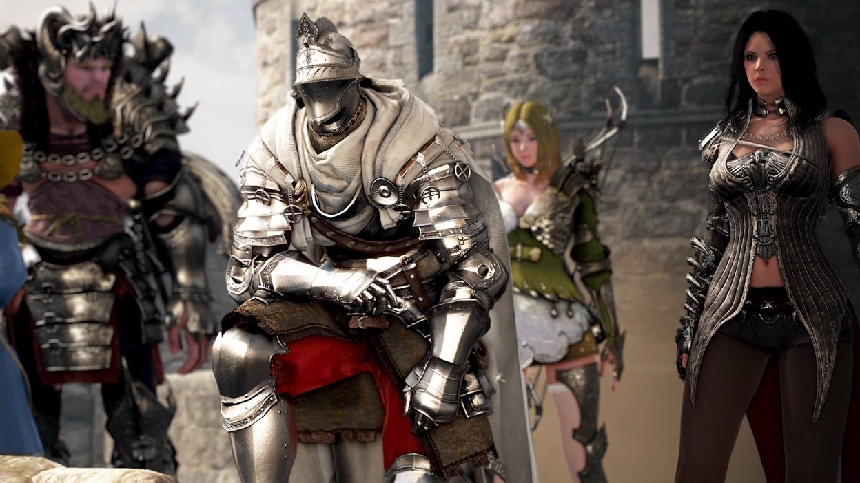 Um cavaleiro com armadura ajoelha-se cercado por membros de um grupo.