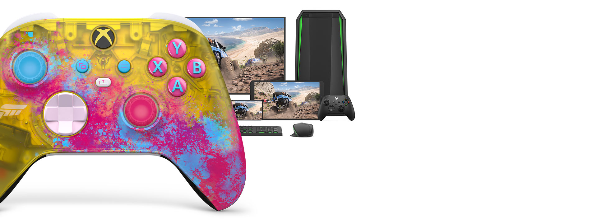 Xbox draadloze controller Forza Horizon 5 met een computer, tv en een Xbox Series S