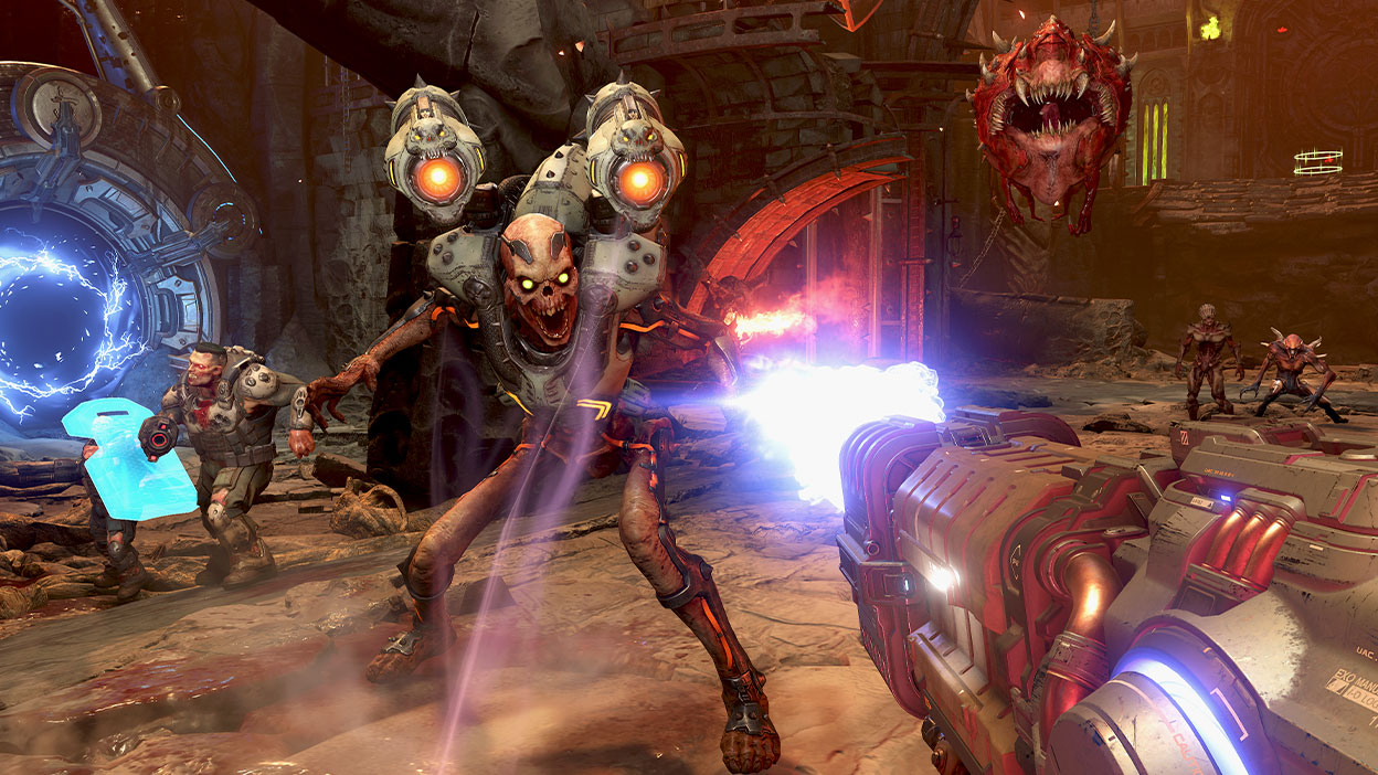 Игрок стреляет из ружья и убивает демона-скелета.