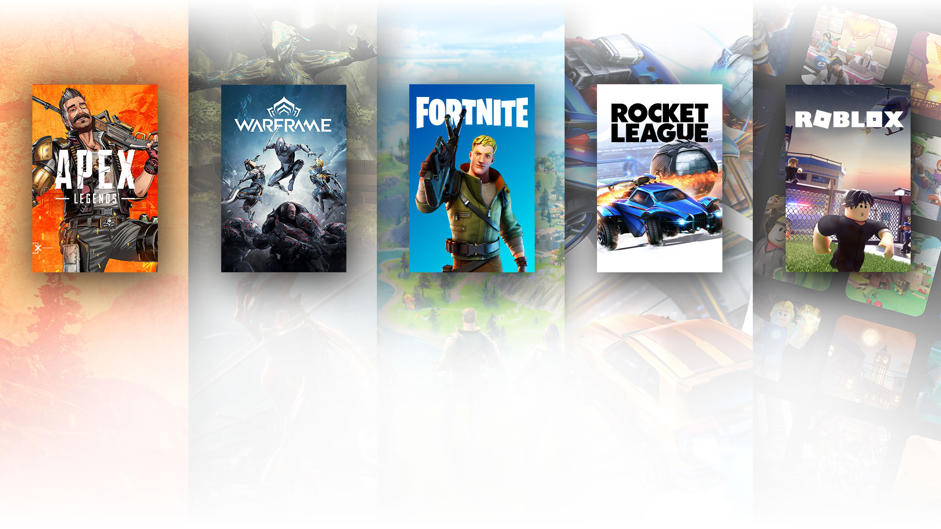 Immagini delle confezioni e sfondi di Apex Legends, Warframe, Fortnite, Rocket League e Roblox
