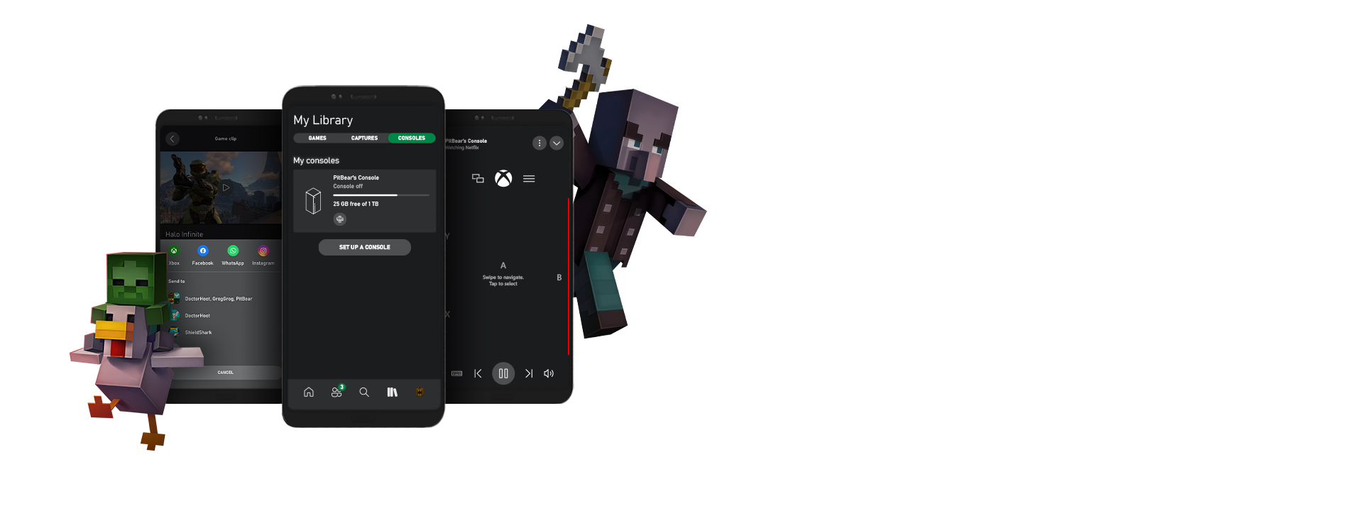 Minecraft 캐릭터가 모바일 UI용 Xbox 앱의 여러 스크린샷을 둘러싸고 있습니다.